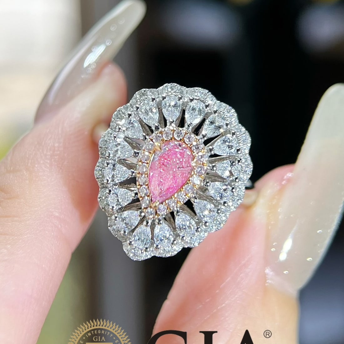 14k Gold 1.54 Ctw Natural Pink Diamond & Diamond Ring: Ref:231130143 // gold content:14k gold // ring size:7. 25us // // main gemstone:pink diamond // shape:pear // carat weight:0. 53ct // color:pink // treatment:natural // // adjacent gemstone 2 :