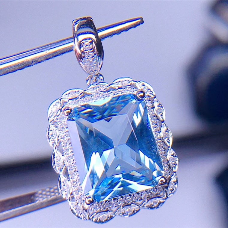 14k Gold 3.2 Ct Natural Aquamarine & Diamond Pendant( Without Chain ) - 4