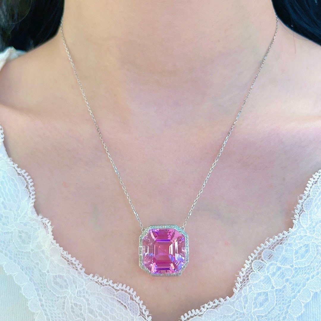 14k Gold 35.31 Ctw Natural Kunzite & Diamond Necklace - 6