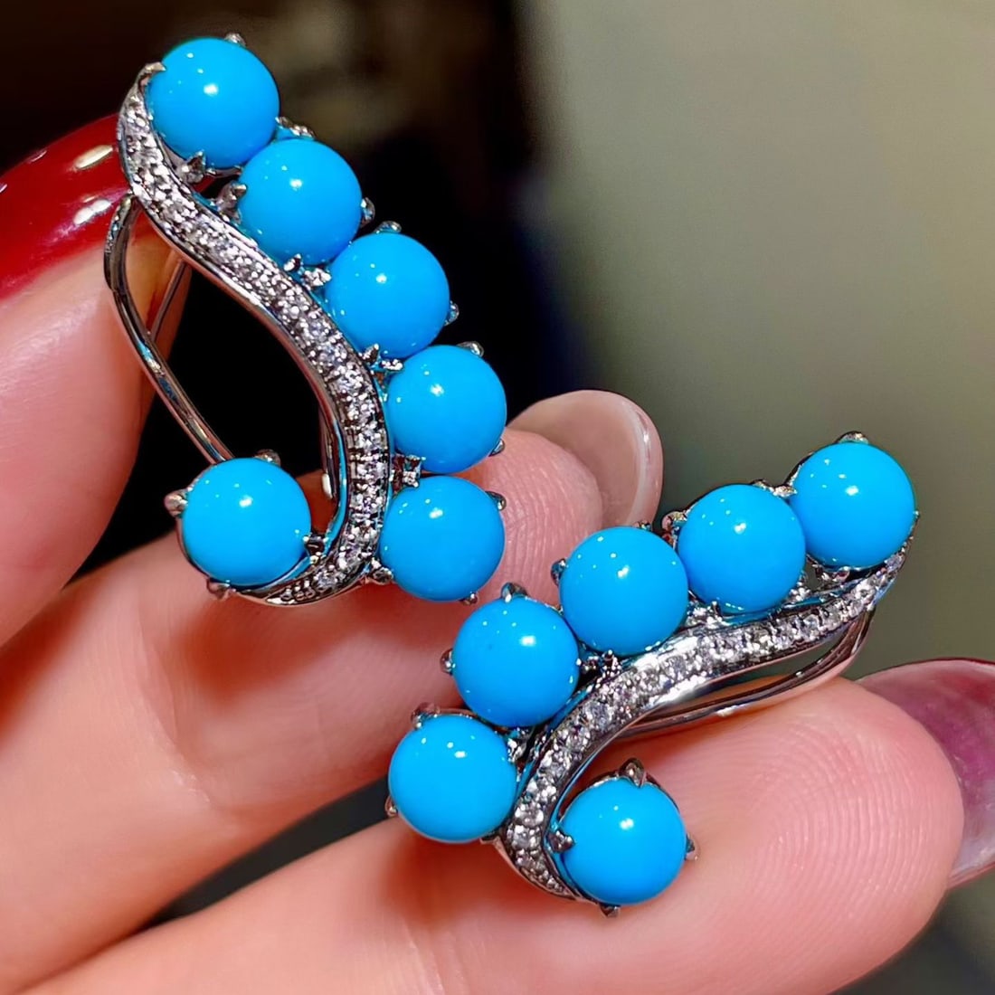 14k Gold 6.34 Ctw Natural Blue Turquoise & Diamond Earrings - 2