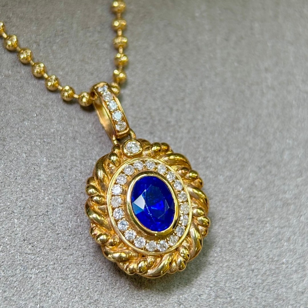 14k Gold 0.94 Ctw Natural Sapphire & Diamond Pendant( Without Chain ) - 2