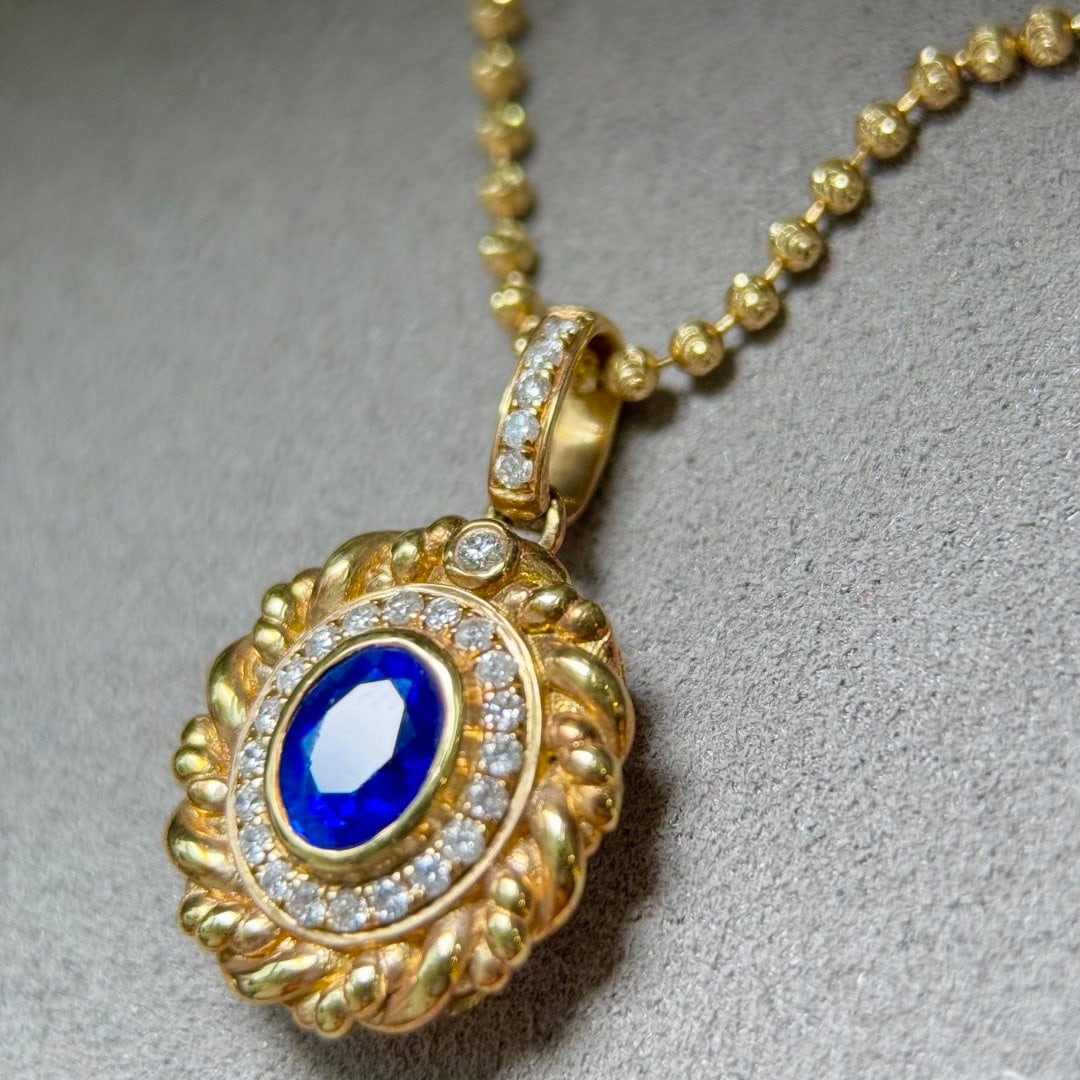 14k Gold 0.94 Ctw Natural Sapphire & Diamond Pendant( Without Chain ) - 4