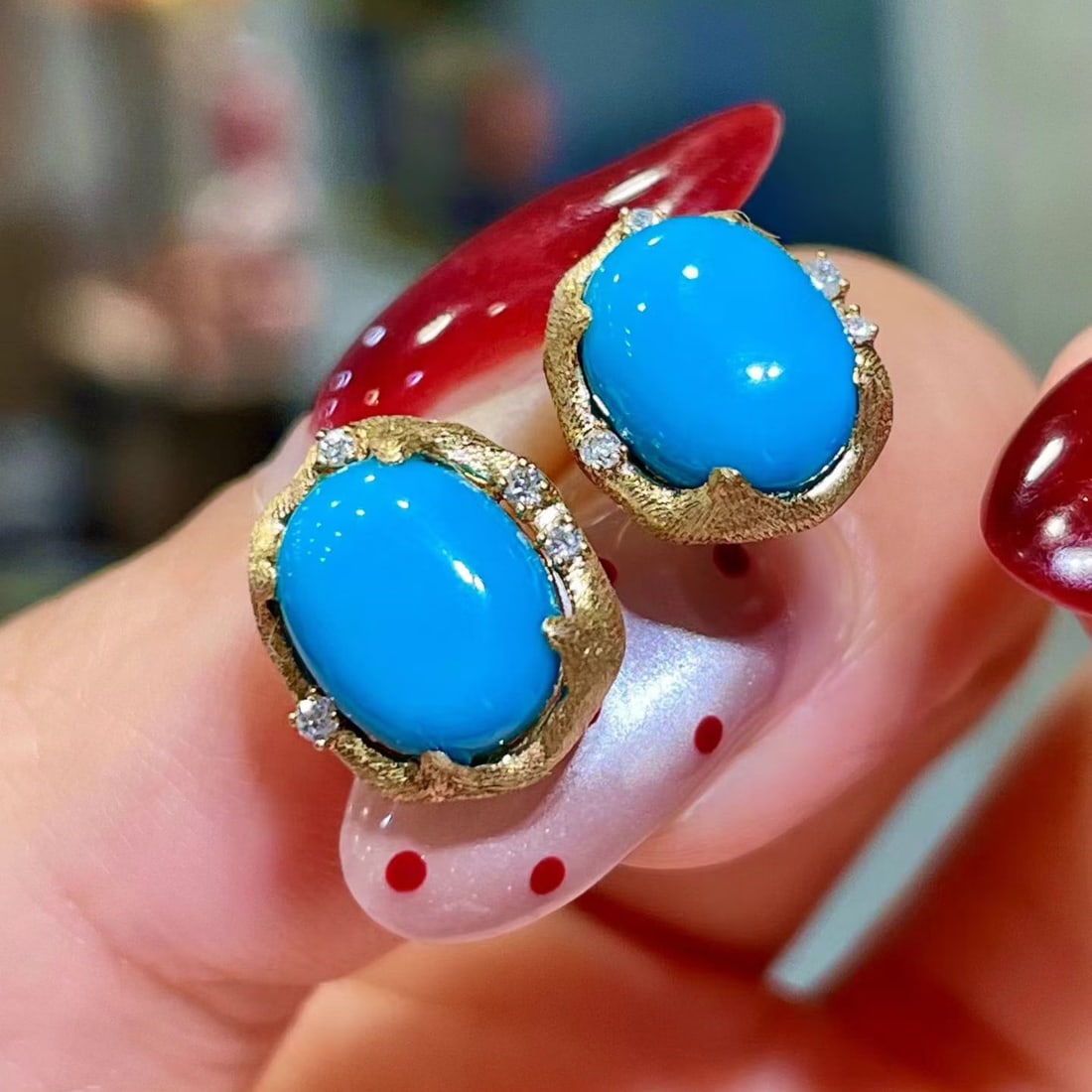 14k Gold 3.84 Ctw Natural Blue Turquoise & Diamond Earrings - 2