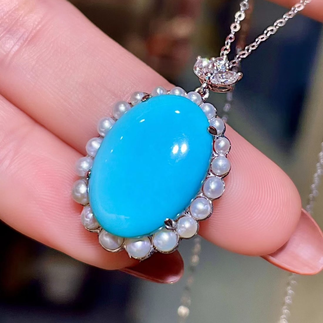 14k Gold 7.52 Ct Natural Blue Turquoise & Diamond Pendant( Without Chain ) - 4