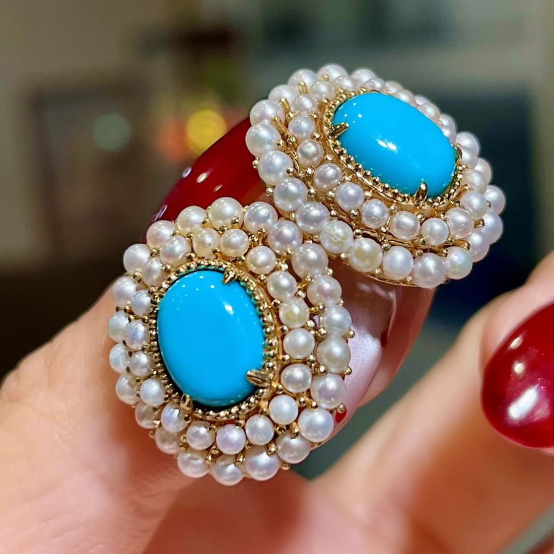 14k Gold 3.47 Ct Natural Blue Turquoise & Pearl Earrings - 2