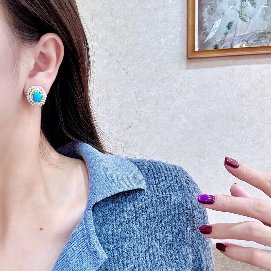 14k Gold 3.47 Ct Natural Blue Turquoise & Pearl Earrings - 4