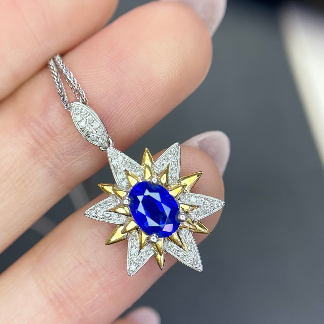 14k Gold 1.05 Ct Natural Sapphire & Diamond Pendant( Without Chain ): Ref:231130199 // gold content:14k gold // main gemstone:sapphire // shape:oval // carat weight:1. 05ct // color:blue // treatment:natural // // adjacent gemstone 2 : diamond // number of stones:60 //
