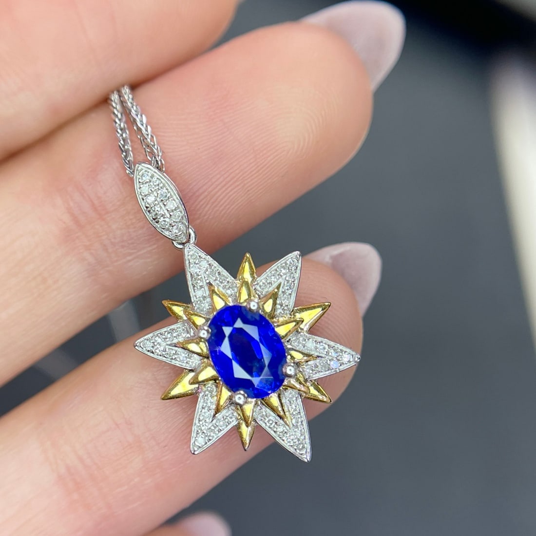 14k Gold 1.05 Ct Natural Sapphire & Diamond Pendant( Without Chain ) - 2