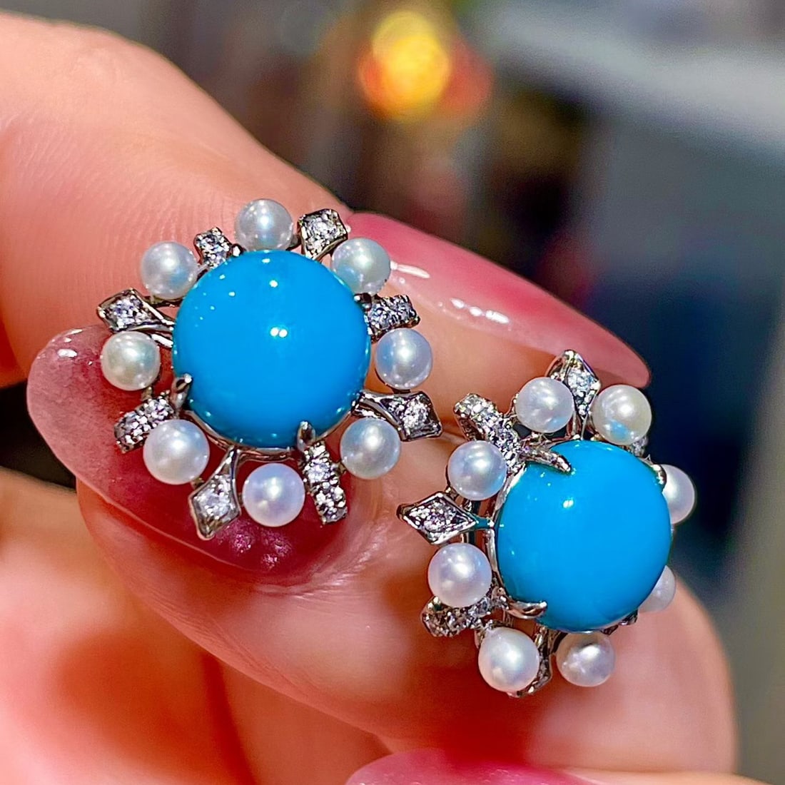 14k Gold 4.37 Ctw Natural Blue Turquoise & Diamond Earrings - 3