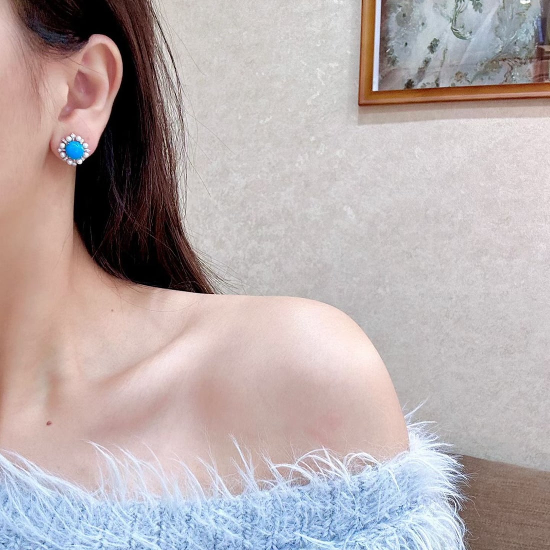 14k Gold 4.37 Ctw Natural Blue Turquoise & Diamond Earrings - 4