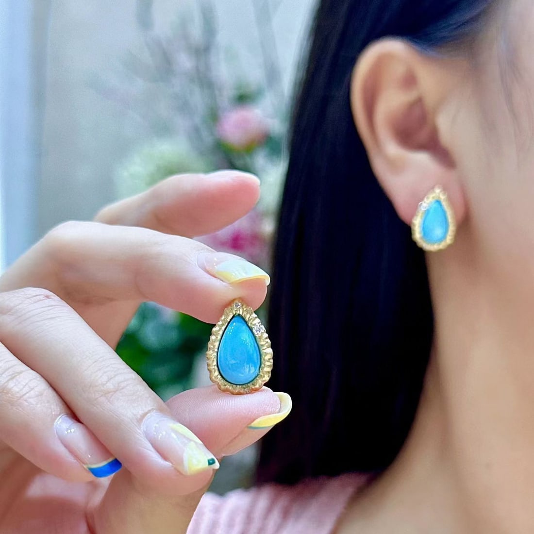 14k Gold 5.10 Ctw Natural Blue Turquoise & Diamond Earrings - 2