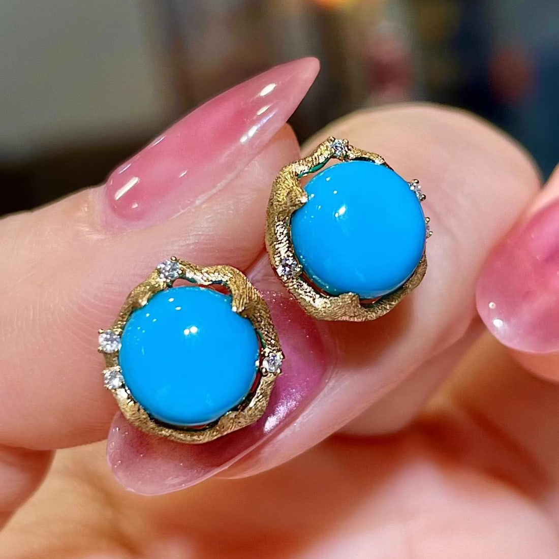 14k Gold 4.17 Ctw Natural Blue Turquoise & Diamond Earrings - 2