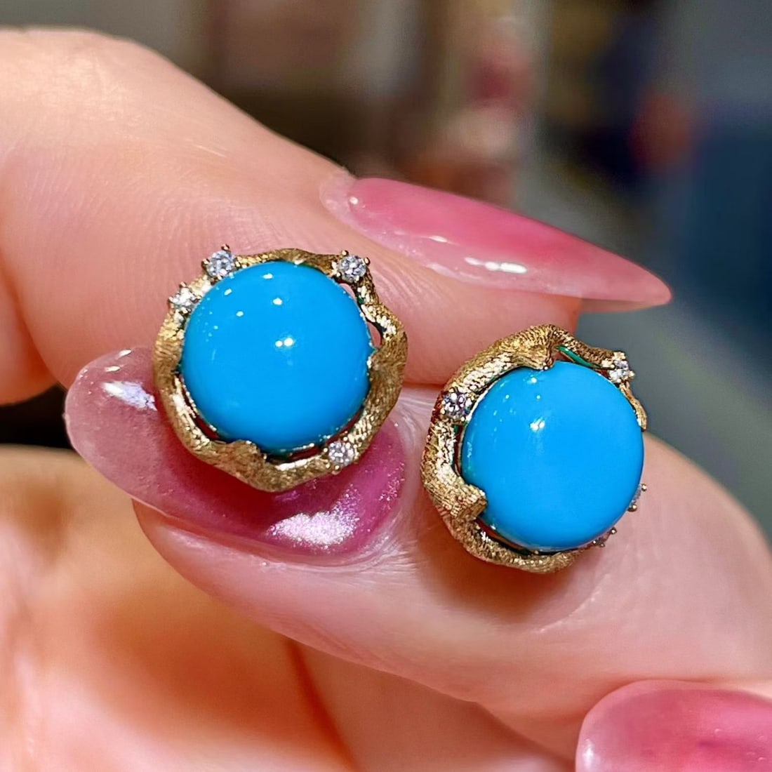 14k Gold 4.17 Ctw Natural Blue Turquoise & Diamond Earrings - 3