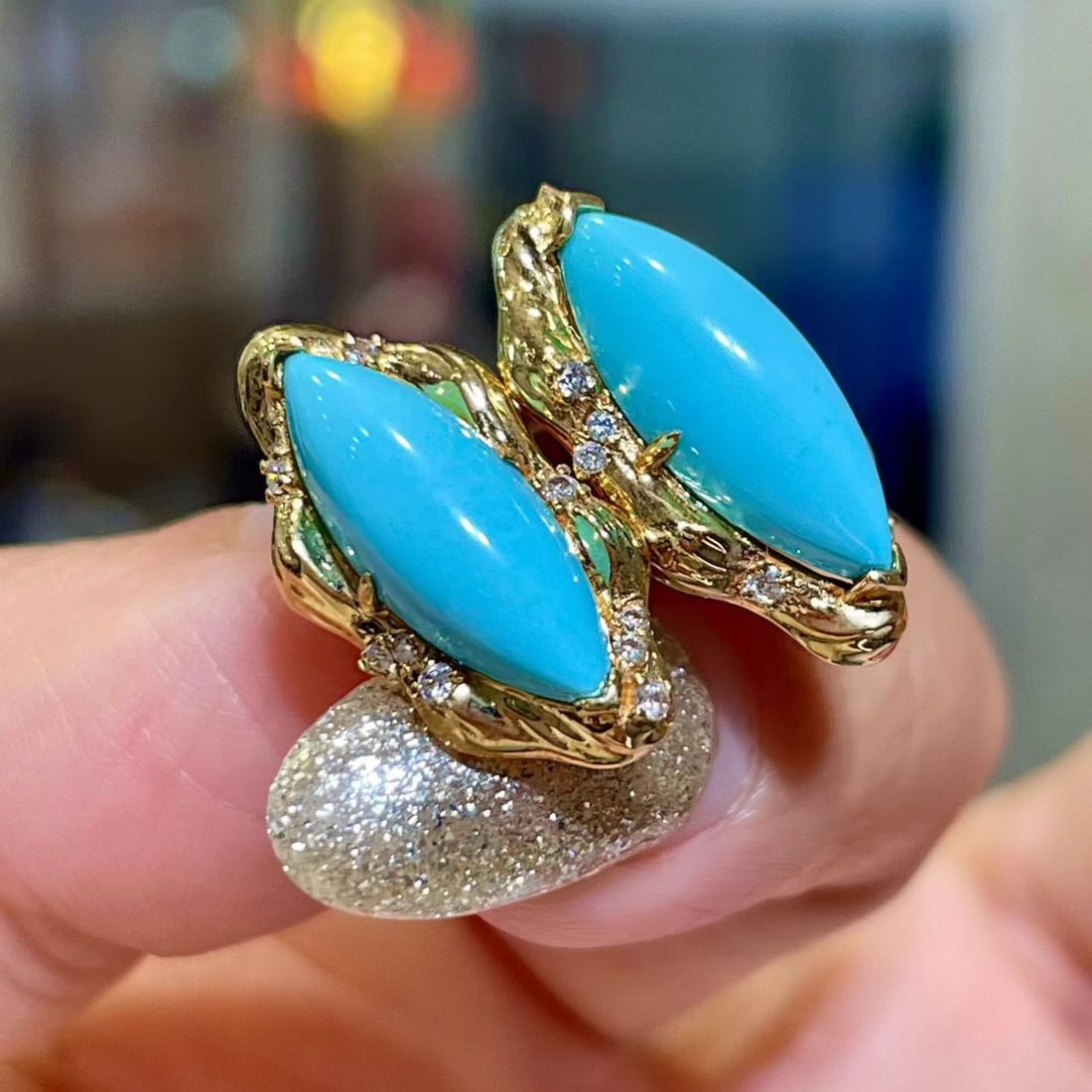 14k Gold 5.15 Ctw Natural Blue Turquoise & Diamond Earrings: Ref:231130221 // gold content:14k gold // main gemstone:blue turquoise // shape:marquise // carat weight:5. 01ct // color:blue // treatment:natural // // adjacent gemstone 2 : diamond //