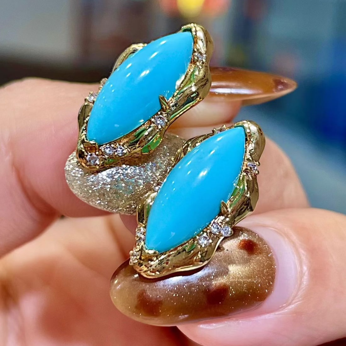 14k Gold 5.15 Ctw Natural Blue Turquoise & Diamond Earrings - 2