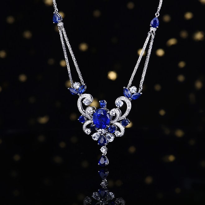 14k Gold 3.44 Ctw Natural Sapphire & Diamond Necklace - 2