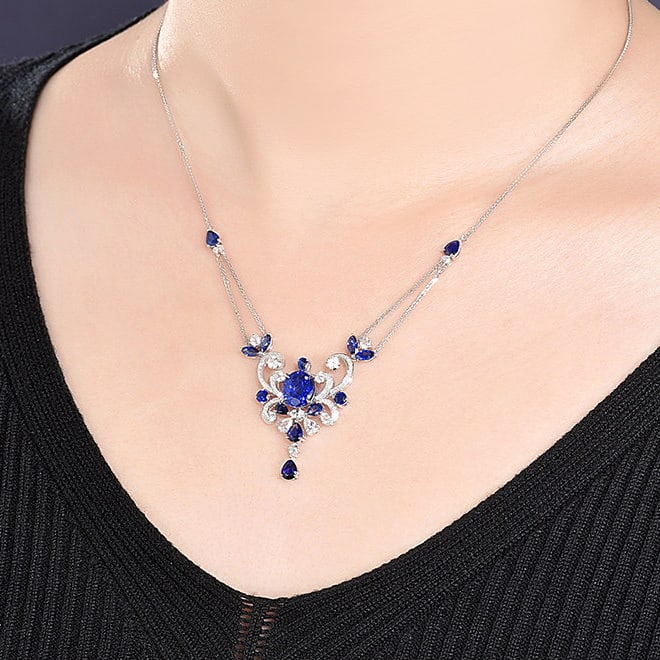 14k Gold 3.44 Ctw Natural Sapphire & Diamond Necklace - 8