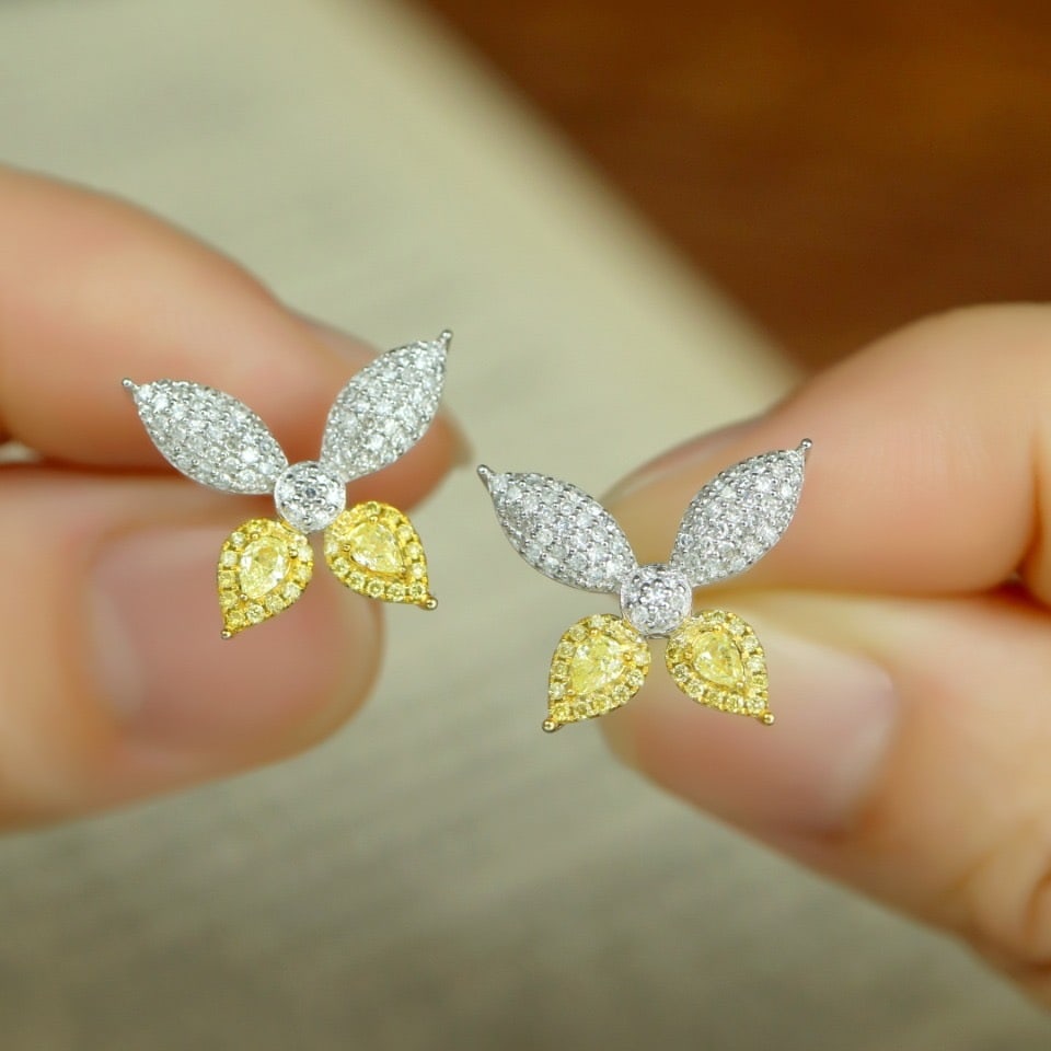 14k Gold 0.78 Ctw Natural Yellow Diamond & Diamond Earrings - 2