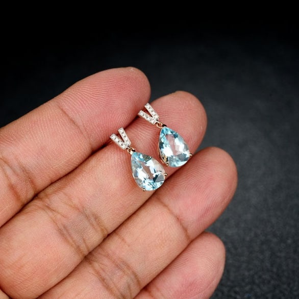 14k Gold 3.13 Ct Natural Aquamarine & Diamond Earrings - 8