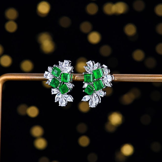 14k Gold 3.19 Ctw Vivid Green Natural Emerald & Sapphire Earrings - 2