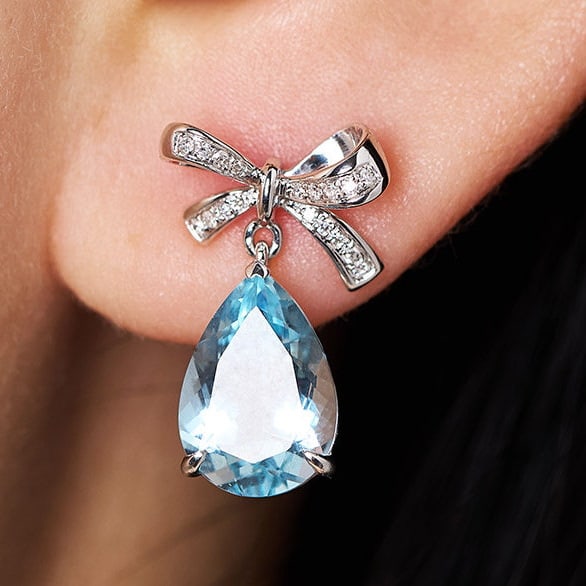 14k Gold 3.58 Ct Natural Aquamarine & Diamond Earrings - 8