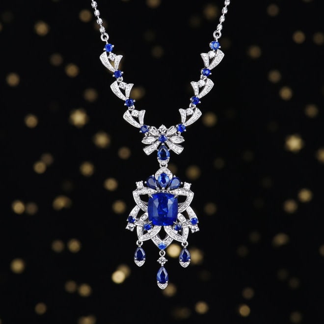 14k Gold 4.79 Ctw Natural Sapphire & Diamond Necklace - 2