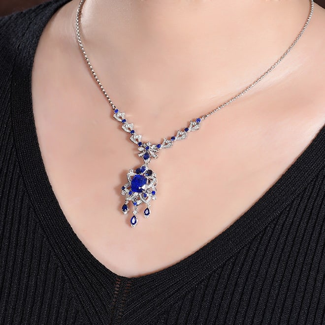 14k Gold 4.79 Ctw Natural Sapphire & Diamond Necklace - 8
