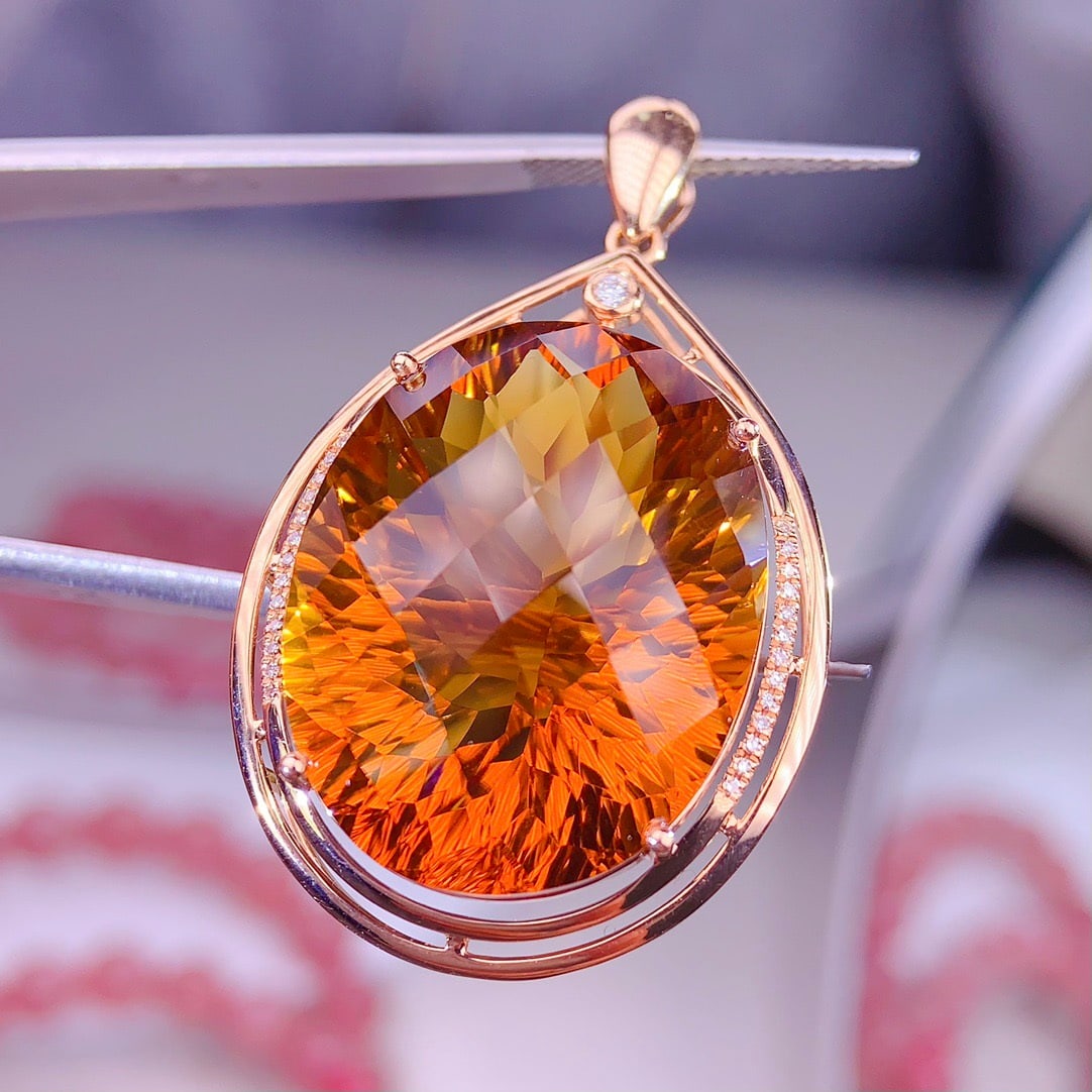 14k Gold 38 Ct Natural Citrine & Diamond Pendant( Without Chain ) - 2