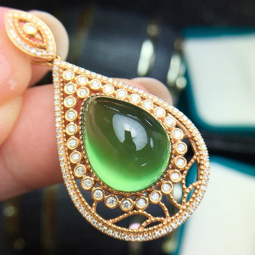 14k Gold 11.7 Ct Natural Prehnite & Diamond Pendant( Without Chain ) - 2