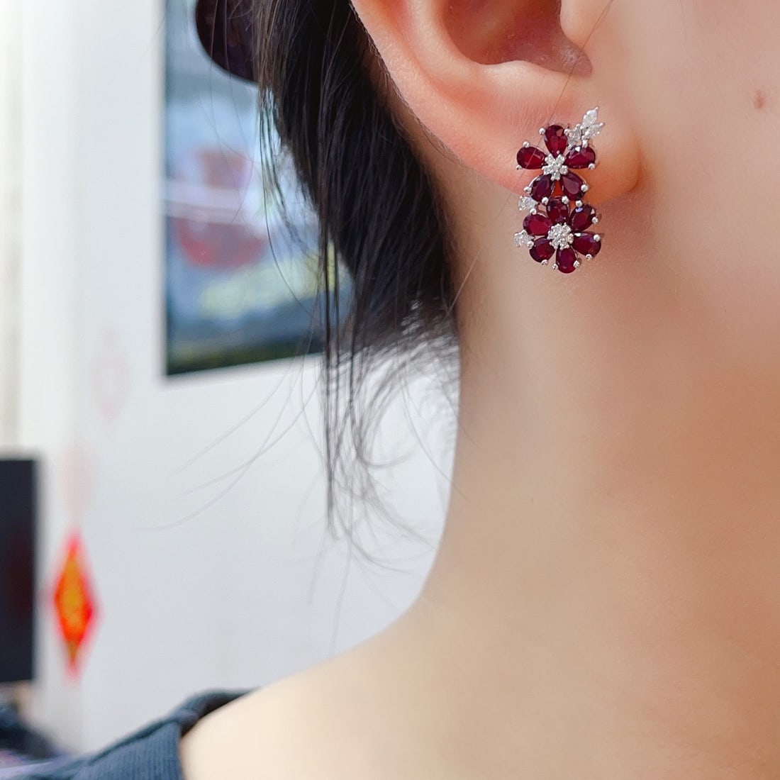 14k Gold 6.00 Ct Natural Ruby & Diamond Earrings - 6