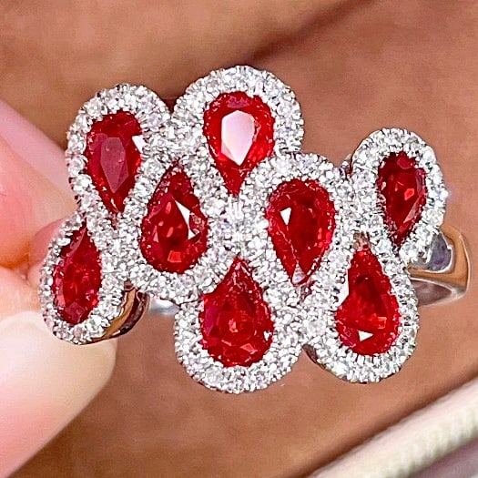 14k Gold 1.8 Ct Natural Ruby & Diamond Ring: Ref:231130305 // gold content:14k gold // ring size:7. 25us // // main gemstone:ruby // shape:pear // carat weight:1. 8ct // color:red // treatment:natural // // adjacent gemstone 2 : diamond // numbe