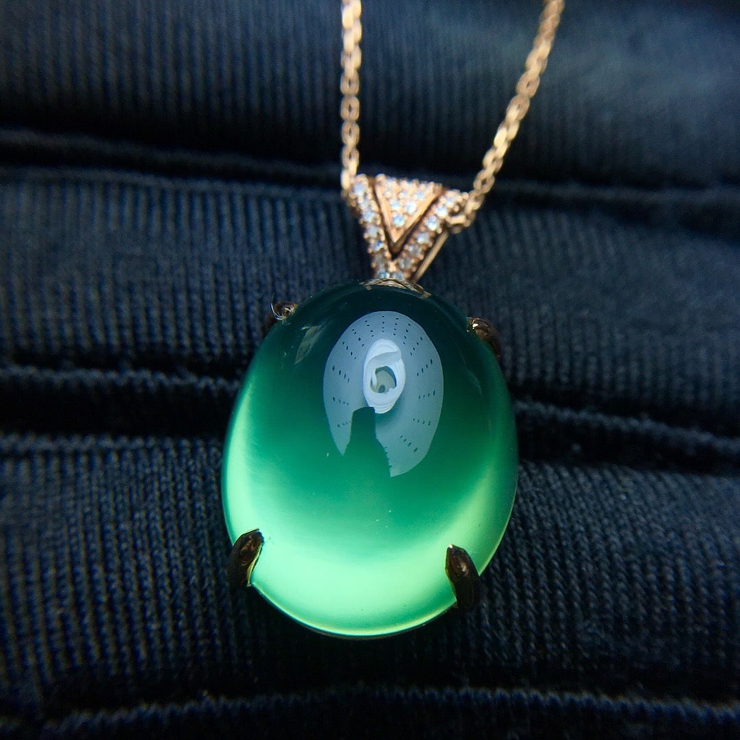 14k Gold 15.0 Ct Natural Prehnite & Diamond Pendant( Without Chain ) - 3