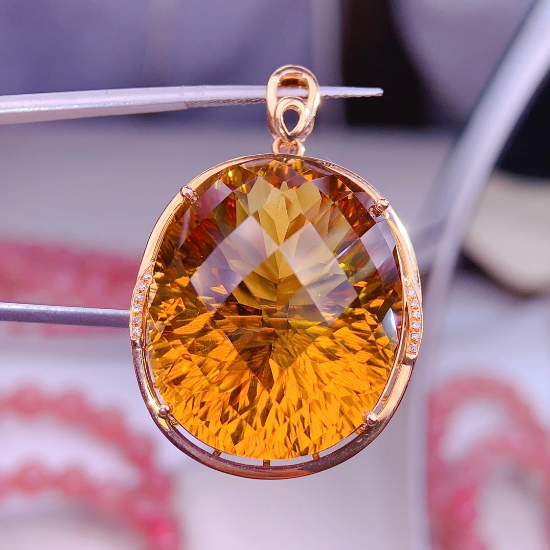 14k Gold 51 Ct Natural Citrine & Diamond Pendant( Without Chain ): Ref:231130330 // gold content:14k gold // main gemstone:citrine // shape:oval // carat weight:51ct // color:yellow // treatment:natural // // adjacent gemstone 2 : diamond // shape:round // clarity