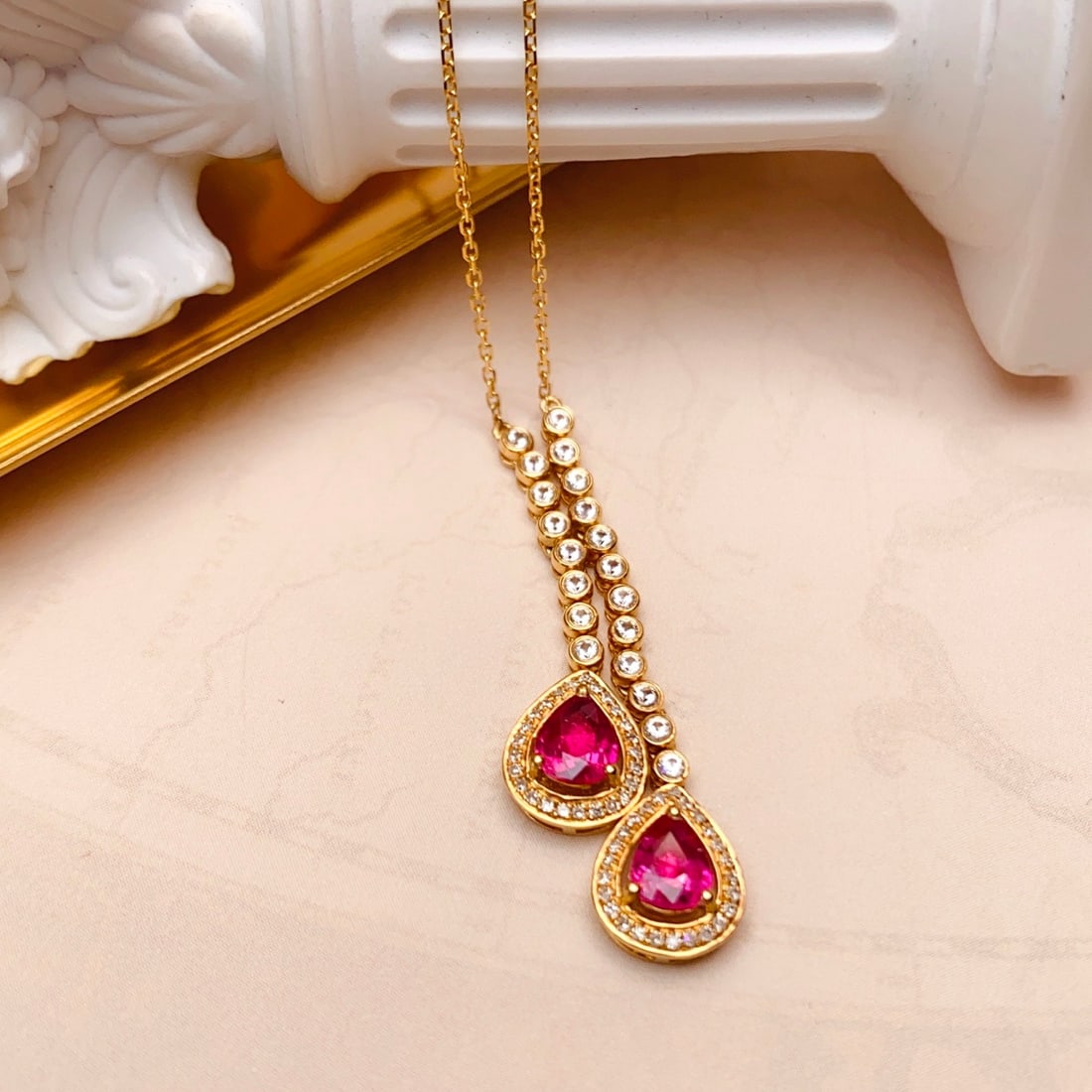 14k Gold 1.00 Ct Natural Ruby & Diamond & Sapphire Necklace - 3