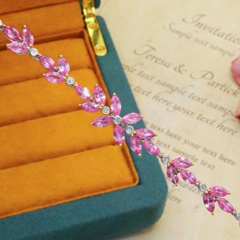 14k Gold 5.19 Ctw Natural Padparadscha Sapphire & Diamond Bracelet - 3