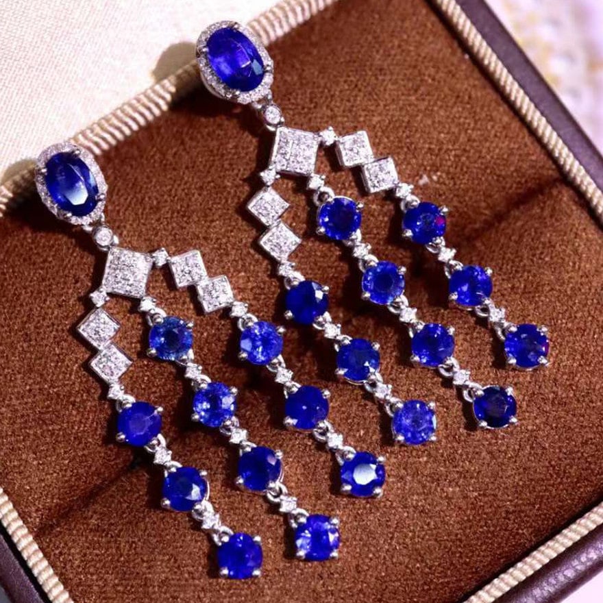 14k Gold 7.47 Ctw Natural Sapphire & Diamond Earrings: Ref:231130382 // gold content:14k gold // main gemstone:sapphire // shape:multiple // carat weight:6. 95ct // color:blue // treatment:natural // // adjacent gemstone 2 : diamond // shape:round //