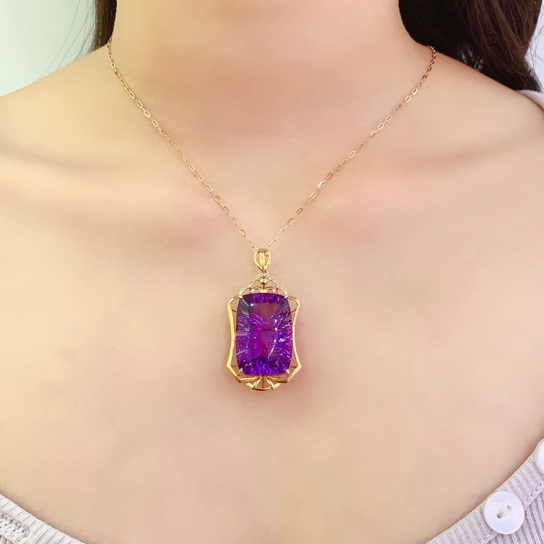 14k Gold 41.4 Ct Natural Amethyst & Diamond Pendant( Without Chain ) - 6