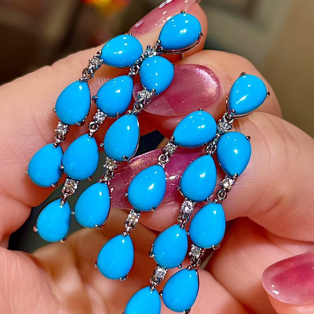 14k Gold 13.85 Ctw Natural Blue Turquoise & Diamond Earrings - 3