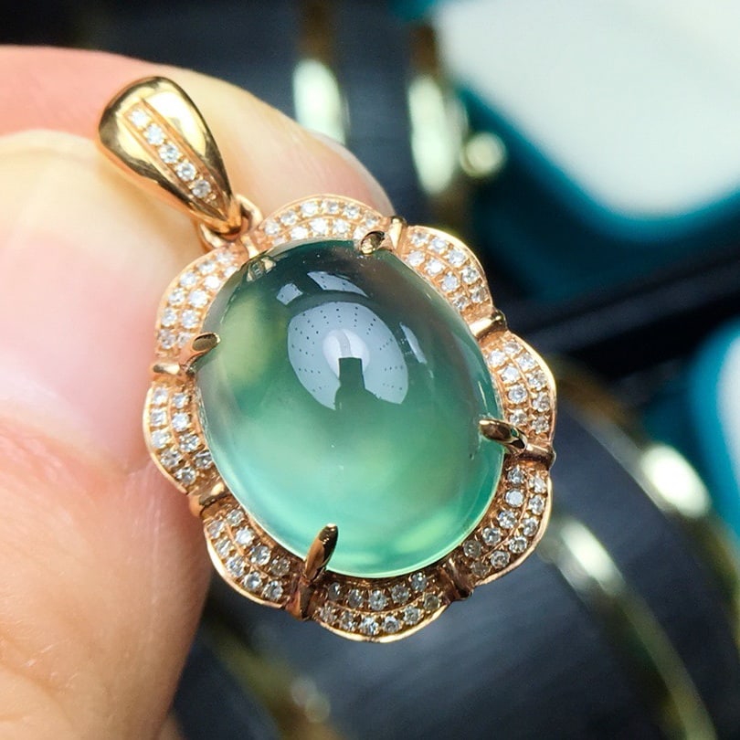 14k Gold 11.2 Ct Natural Prehnite & Diamond Pendant( Without Chain ) - 3