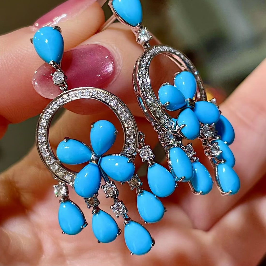 14k Gold 8.98 Ctw Natural Blue Turquoise & Diamond Earrings - 3