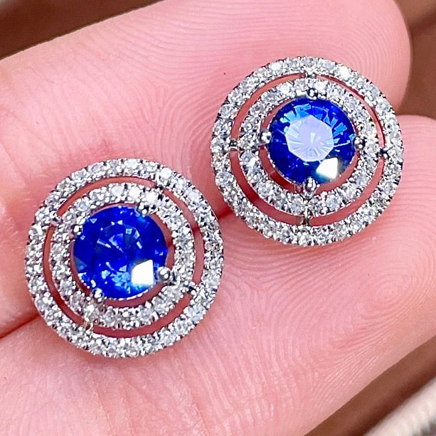 14k Gold 0.90 Ct Natural Sapphire & Diamond Earrings - 2