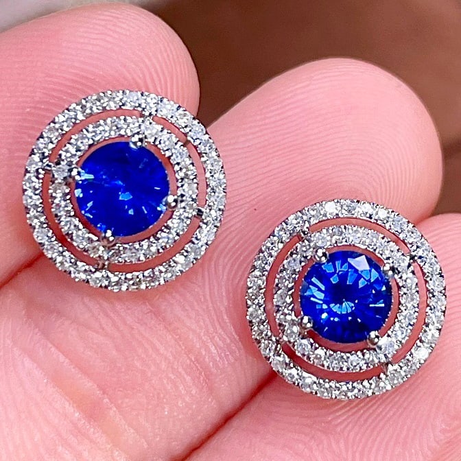 14k Gold 0.90 Ct Natural Sapphire & Diamond Earrings - 4