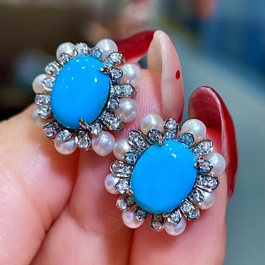 14k Gold 3.63 Ctw Natural Blue Turquoise & Diamond Earrings - 2