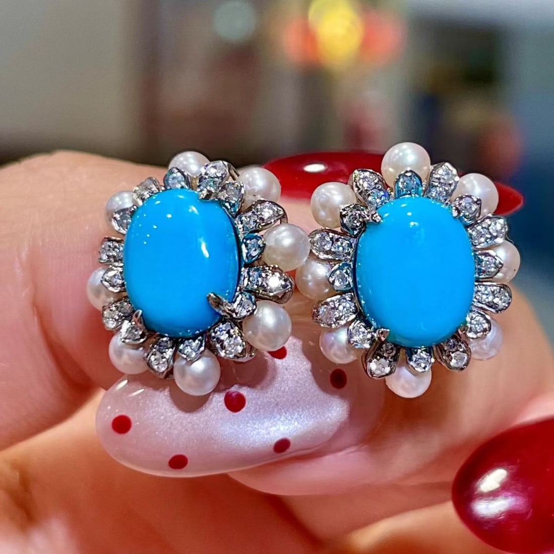 14k Gold 3.63 Ctw Natural Blue Turquoise & Diamond Earrings - 4