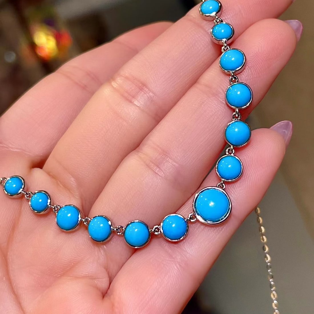 14k Gold 6.68 Ct Natural Blue Turquoise Necklace - 2