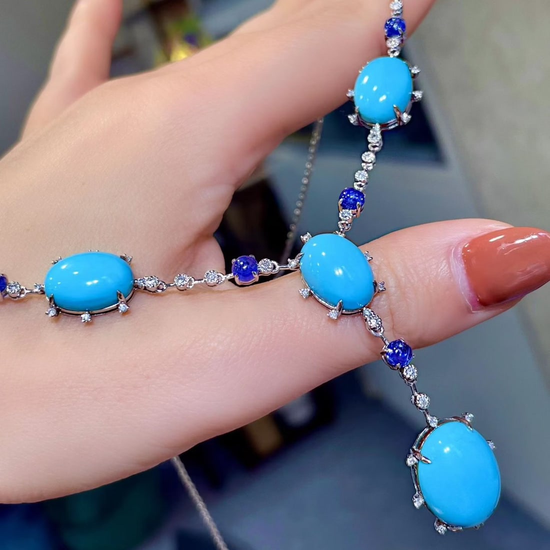 14k Gold 37.20 Ctw Natural Blue Turquoise & Sapphire Necklace - 2