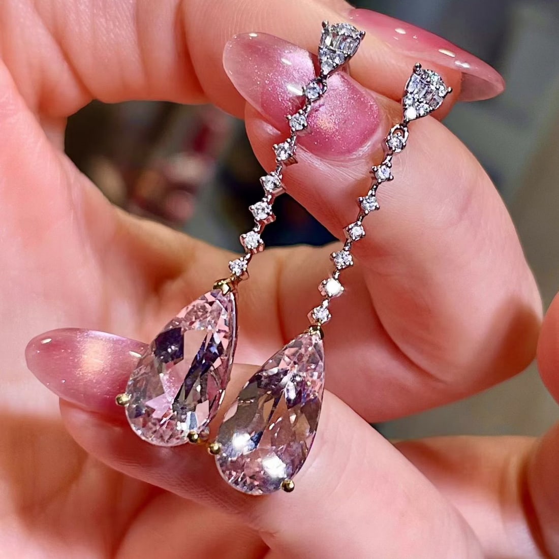 14k Gold 7.35 Ctw Natural Morganite & Diamond Earrings - 2