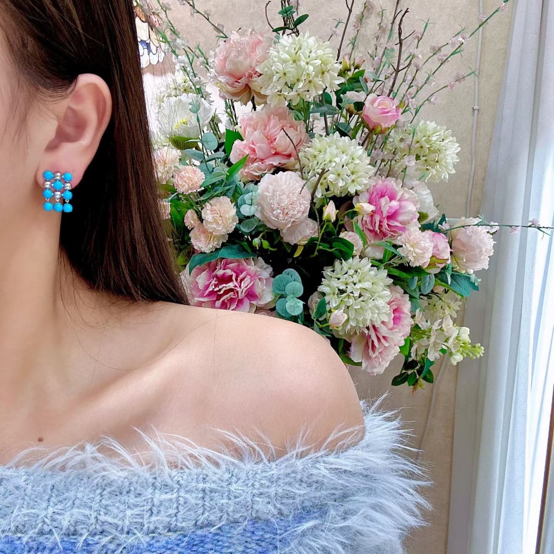 14k Gold 4.86 Ct Natural Blue Turquoise Earrings - 4