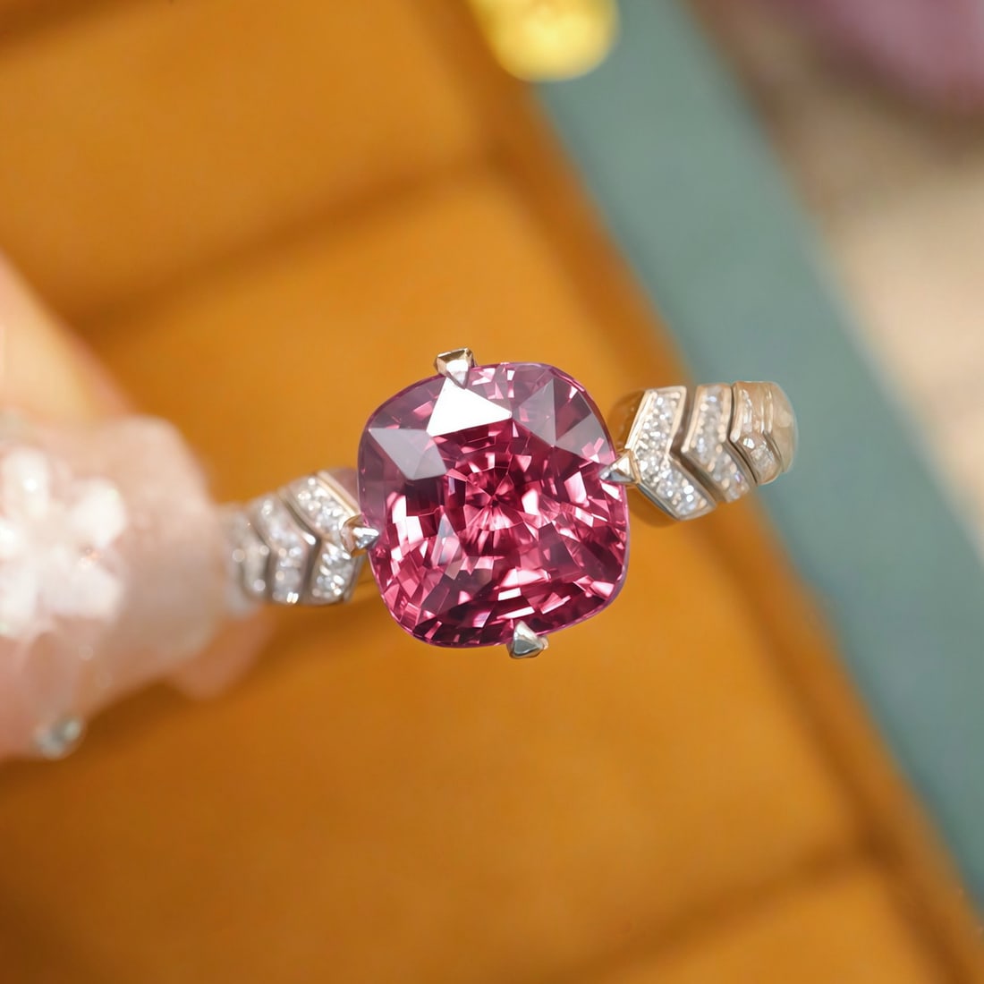 14k Gold 2.89 Ctw Natural Spinel & Diamond Ring: Ref:231130445 // gold content:14k gold // ring size:7. 25us // // main gemstone:spinel // shape:cushion // carat weight:2. 78ct // color:pink // treatment:natural // // adjacent gemstone 2 :