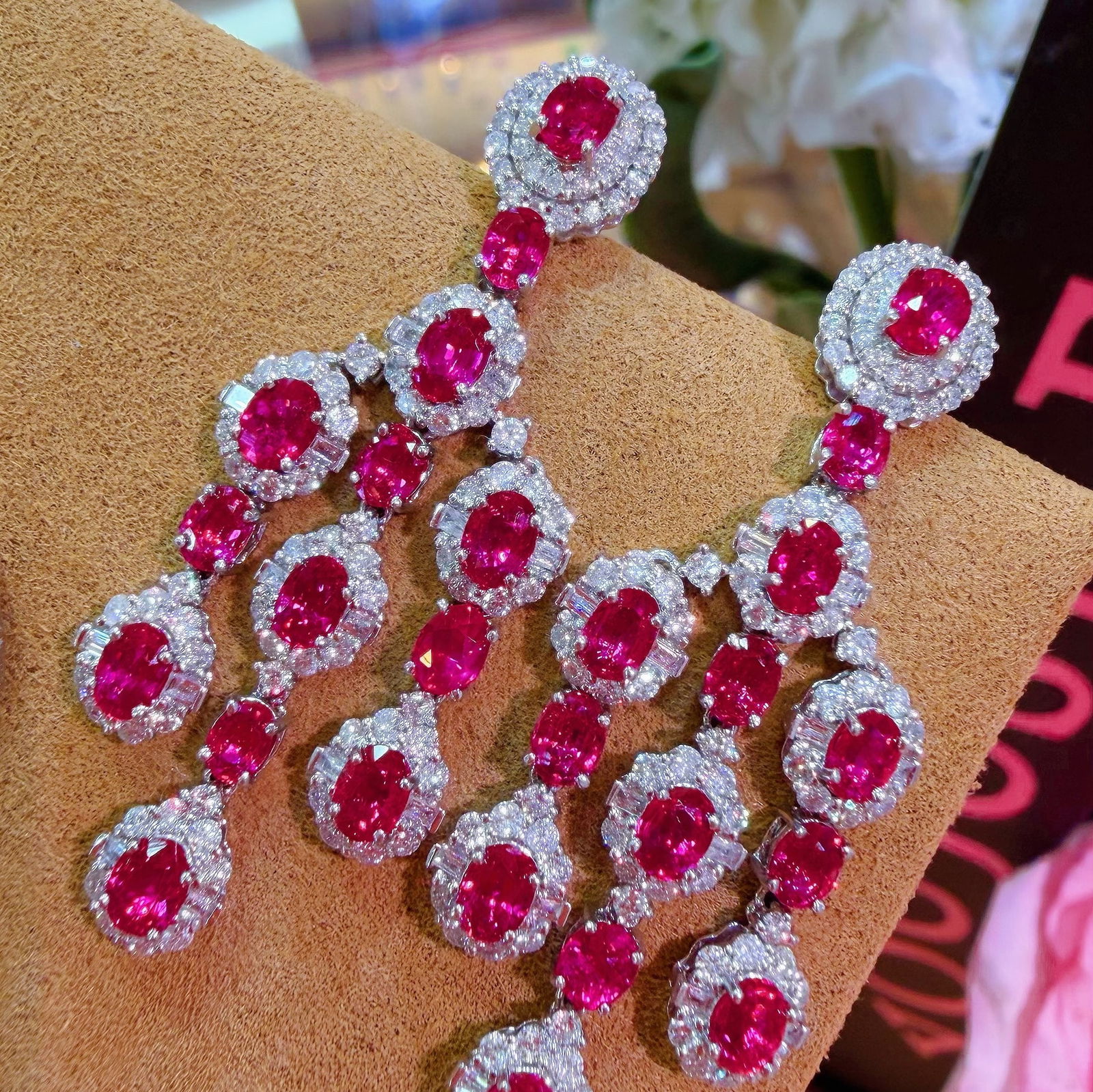 14k Gold 6.8 Ctw Natural Ruby & Diamond Earrings: Ref:231130447 // gold content:14k gold // main gemstone:ruby // shape:oval // carat weight:5. 1ct // color:red // treatment:natural // // adjacent gemstone 2 : diamond // shape:round // carat